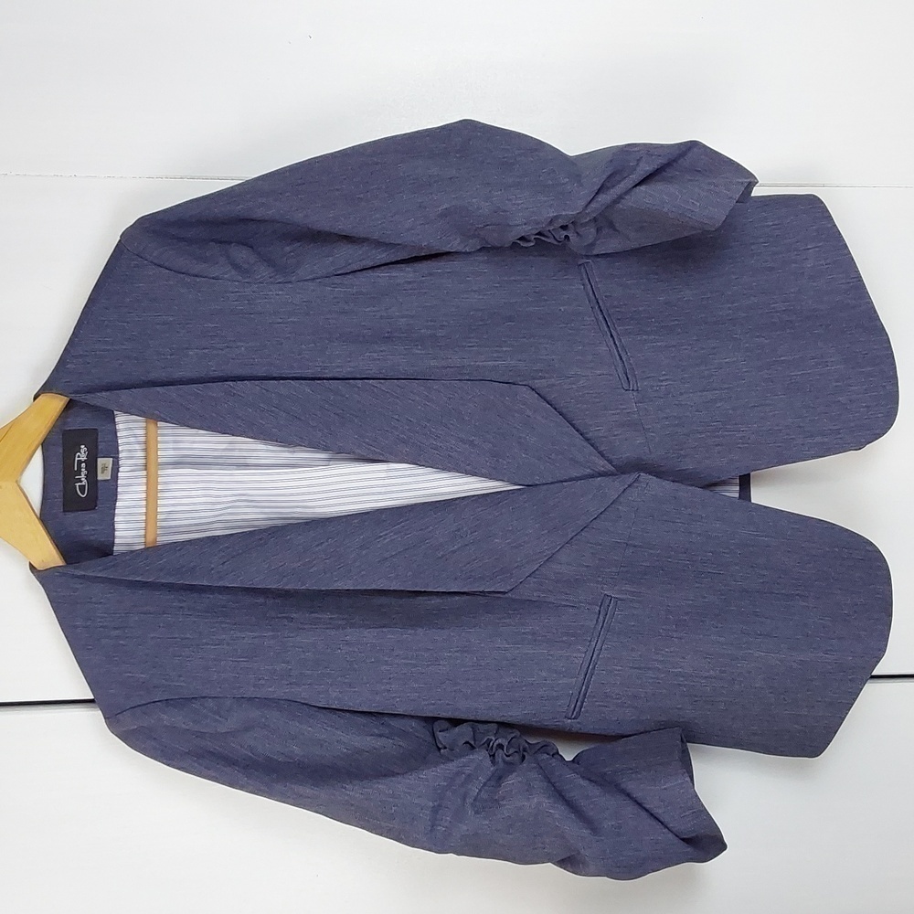 Chelsea Rose Womens Denim Look Open Blazer Ruched Sleeves Modern New! Sz.14